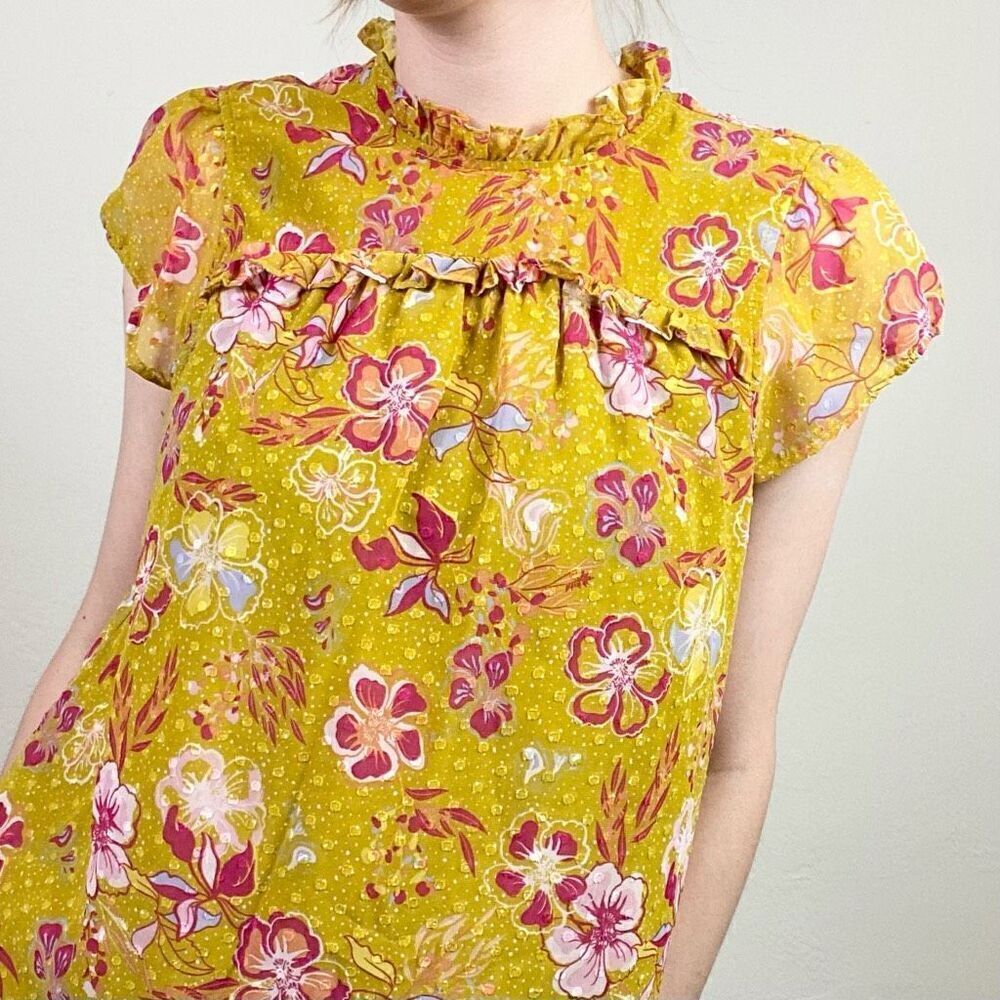 Joie Mustard Yellow & Red Floral Swiss Dot Cap Sleeve Blouse Top Shirt Size M - Picture 2 of 9